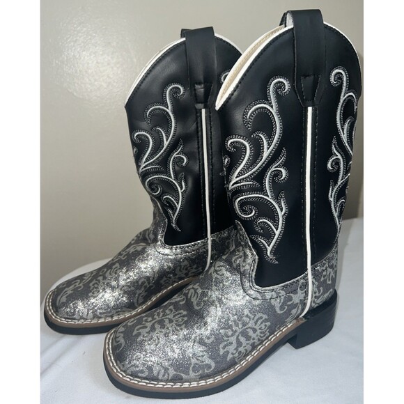 Old West Other - OLD WEST KIDS SQUARE TOE BLACK METALLIC SILVER BOOTS SIZE 11